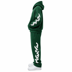 Ensemble de survêtement unisexe vert à imprimé géométrique, sweat à capuche et pantalon de jogging, manches longues, 100 % coton, pour l'automne - Product Image 2