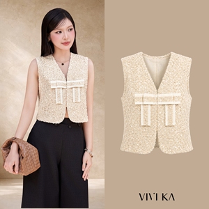 Gilet en tweed texturé <span class=keywords><strong>crème</strong></span> à sequins pour femme, sans manches, col en V, court, avec bordure contrastante et boutons sur le devant, coupe ajustée <span class=keywords><strong>NAOMI</strong></span> - Product Image 1