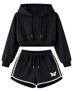 Ensemble short et sweat à capuche court noir pour femme, imprimé papillon, tenue décontractée deux pièces en molleton de coton, vêtements de détente, fabricant en gros - Product Image 1
