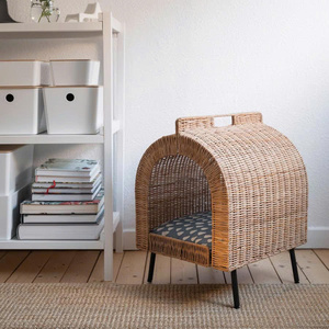 Maison pour animaux de compagnie en rotin tressé à la main de style vintage, lit surélevé pour chat et chien, abri confortable en osier naturel avec pieds en métal, durable et élégant - Product Image 4