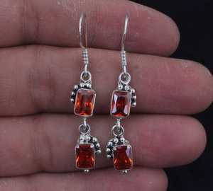 Boucles d'oreilles pendantes en argent avec zircon orange et quartz, faites à la main, bijoux élégants, cadeau pour filles et femmes - Product Image 5