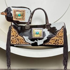 Ensemble de sacs de sport et de toilette personnalisés en cuir de vachette véritable usiné pour hommes et femmes, couleur turquoise, ensemble combiné de 2 pièces, sac tendance - Product Image 4