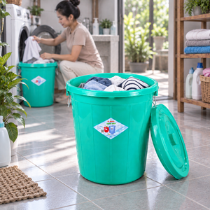 25L <b>Plastic</b> Storage Bucket <b>Lidded</b> Side Handles Dirty Clothes Laundry Hamper Water Rice <b>Bin</b> Family Household Utility Drum - Product Image 1