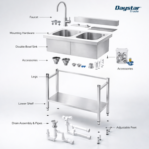 Évier de cuisine double en acier inoxydable Daystar Trade avec support et robinet |   Évier de préparation industriel SUS304 pour restaurant | - Product Image 3