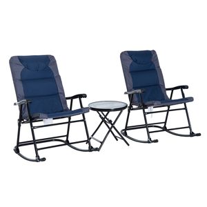 Set Bistrot a Dondolo Blu in 3 Pezzi con Sedie da Patio e Tavolino in Vetro per Intrattenimento all'Aperto - Product Image 1