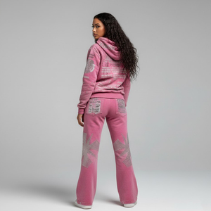 Survêtement Y2K rose tendance pour homme, en molleton épais délavé à l'acide, écoresponsable, avec sweat à capuche zippé et pantalon large, détails en strass - Product Image 6