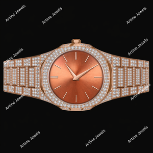 Rose Gold Crystal Set <b>Watch</b> With Copper Sunburst Dial Minimal Markers Sparkling Bezel Elegant Luxury Fashion Timepiece For Men - Product Image 2