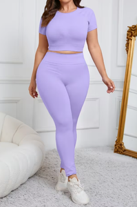 Women's Sporty Seamless Yoga Set High Waist Leggings & Short Sleeve Sports Crop <b>Top</b> Breathable Activewear 2-Piece Workout Outfit - Product Image 5