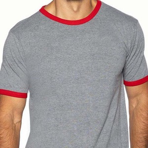 Camiseta de Manga Corta para Hombre, de Algodón Gris, con Ribete en Rojo, Corte Regular, Cuello Redondo, Diseño Sólido con Detalle Ringer - Product Image 4