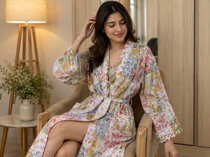 Peignoir Kimono de Luxe Écologique 100% Coton à Imprimé Floral pour Femme, à Manches Longues, avec Ceinture et Poches, Idéal pour l'Hiver et la Détente - Product Image 3