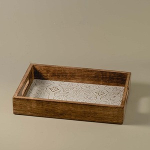 Plateau de service rectangulaire en bois avec doublure à motif végétal, design minimaliste, vaisselle et assiettes - Product Image 1