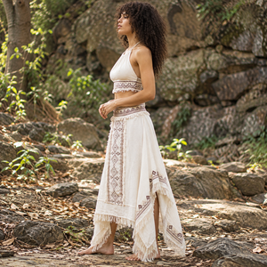 Conjunto de Top Halter Boho y Falda Maxi para Mujer |   Conjunto de Dos Piezas con Flecos Bordados, Estilo Étnico, para Festivales, Playa, Vacaciones de Verano - Product Image 3