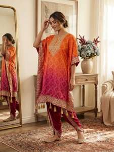 Designer Digital <b>Printed</b> And Embroidery Work Chinon Silk Kaftan With Butter Silk Stitched Dhoti Set - Product Image 1