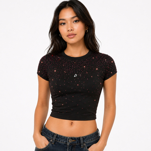 Trendy <b>Rhinestone</b> Crop <b>Top</b> Women's Shirts Black Slim Fit Crop Tee Sparkly Y2K Fashion Summer Cotton Spandex Custom Baby <b>Top</b> OEM - Product Image 1