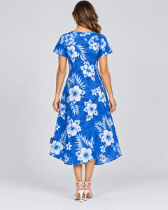 Blue Floral Print V-Neck A-Line Chiffon Tea-Length Dress with Cap Sleeve for Women Summer Casual Wear best selling wholesale - Product Image 3