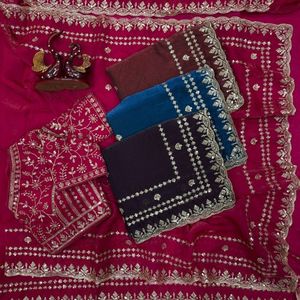 <b>Red</b> Embroidered Premium Frendy Chiffon Saree Gold Thread Work Summer Quick Dry Slim Fit Wedding Party Wear Women Traditional - Product Image 6