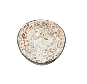 Earthy leaf <b>mosaic</b> patterns on this Mother of pearl coconut bowl a warm and artistic accent for your home interior design set - Product Image 1