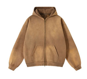 Sudadera con Capucha Oversize Vintage de Poliéster/Algodón con Cremallera y Bordado para Hombre/Mujer, Estilo Desgastado, Lavado, Casual, Color Liso, Primavera - Product Image 2