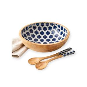 Handcrafted <b>Wooden</b> <b>Salad</b> <b>Bowl</b> with Blue Floral Enamel Interior and Matching <b>Wooden</b> Spoons for Elegant Dining Table Decor Bloom - Product Image 1