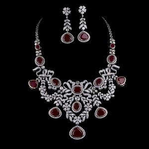 Luxury Lab Grown Pear & Round Brilliant Cut Sterling <b>Silver</b> <b>Necklace</b> Earring <b>Set</b> with Lab Ruby| Wedding Party Statement Jewelry - Product Image 1