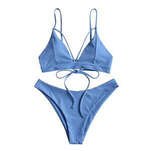 Conjunto de bikini acanalado para mujer, top con tiras y lazo frontal, braga de corte alto, traje de baño minimalista de verano - Product Image 1