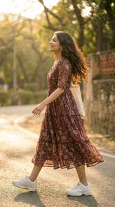 Vestido Midi de Gasa con Estampado Floral, Cuello en V, Manga Corta, Estilo Boho, Corte en A, Ajuste Holgado, Cintura Imperio, para Uso Diario, Vestido Casual de Verano - Product Image 3