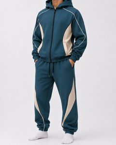 Men's White Blue Color Blocking Tracksuit Full <b>Zip</b> <b>Hooded</b> Sporty Style Regular Fit Autumn Wear With Side Pockets - Product Image 4