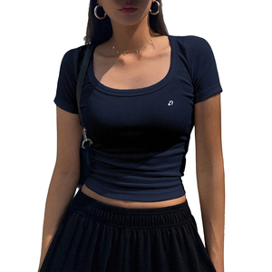 2026 Blue Scoop Neck Ribbed Crop <b>Top</b> Women's Shirts Slim Fit Short Sleeve Tight Gym Tee <b>Elastic</b> Summer Knitted Activewear Blouse - Product Image 1