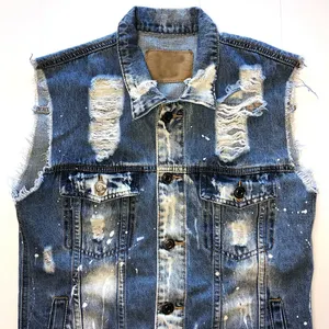 Men Casual Lapel Denim Vest v neck Jacket Button Closure Vintage Slim Fit Sleeveless Ripped Jeans Vest Washed Retro Classic Vest