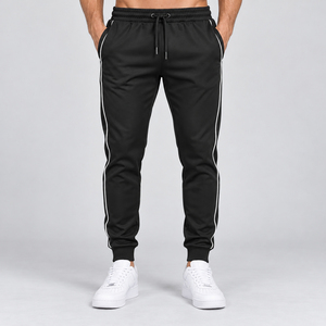 Wholesale <b>Mens</b> Black Jogger Track Pants With White Piping Design Fit <b>Drawstring</b> Waist Cuffed Sports <b>Trousers</b> Custom Activewear - Product Image 2