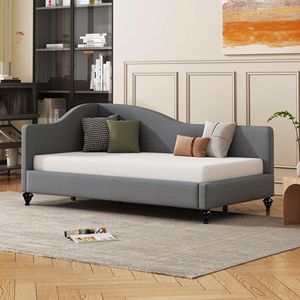 Divano letto a L in lino grigio, misura Twin, con gambe in legno massello, SKU precedente SF000145AAE - Product Image 1