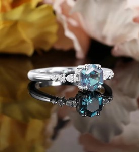 Hexagon Shape Alexandrite 14K Gold Plated Sterling Silver Geometric Engagement Ring Moissanite Prong Setting Color <b>Change</b> - Product Image 2