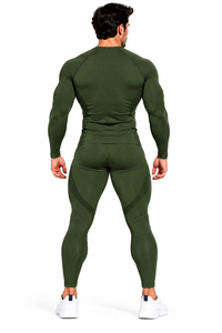 Conjunto de Compresión Deportivo para Hombre Risk Sports, Color Verde Oliva, Sin Costuras, con Logotipo Personalizado, Camiseta de Manga Larga y Pantalones hasta el Tobillo - Product Image 3