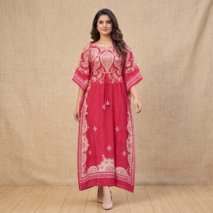 Red Cotton Ethnic <b>Kaftan</b> Dress With <b>White</b> Print Loose Fit Full Length For Women Casual Wear India Pakistan Style - Product Image 5