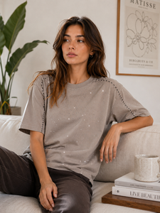 Luxury Gray Dropped Shoulder Tee Sparkling Crystal Embellished Blouse Premium Summer Casual Shimmering <b>Tops</b> Women's Shirts ODM - Product Image 4