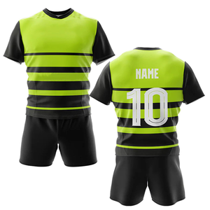 Ensemble de maillot de football pour hommes, noir et vert lime rayé, manches courtes, polyester respirant, uniforme toutes saisons, coupe régulière pour adultes - Product Image 1