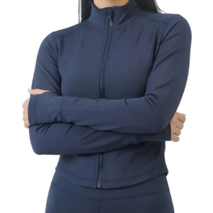 Women's Solid Blue Full Zip Yoga Jacket Stand Neck Long Sleeve Breathable Spandex Polyester Sportswear Regular Fit - Product Image 1