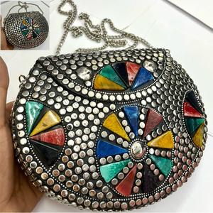 Vintage <b>Silver</b> Heart-Shaped Studs Saddle Bag Women Flap Crossbody Handbag with Chain Strap PU Large Capacity Evening Wedding - Product Image 6