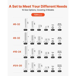 720 Pcs Imperial Machine <b>Screws</b> <b>Flat</b> Washers Stainless Steel 6-328-3210-241/4-20 Furniture Bolts Nuts Assortment Kit 720 Bolts - Product Image 2