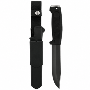 Schwarze Outdoor-Messer mit feststehender Klinge, matt-schwarzer Klinge, strukturiertem, rutschfestem Griff, Schutzhülle und Gürtelriemen für Camping und Wandern - Product Image 6