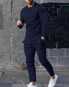Men's Navy Blue Long Sleeve T-Shirt And Pants Set Crew Neck Solid Color Casual Knitted Quick Dry Autumn Wear made in Bangladesh - Product Image 2
