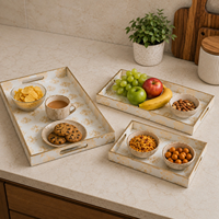 Ensemble de plateaux de service en bois MDF avec émail imprimé |   Plateaux rectangulaires floraux avec poignées pour le thé, les collations, le petit-déjeuner, la décoration de table