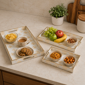 Luxury Wooden Serving Tray <b>Set</b> of 3 with Printed Enamel Finish| Decorative <b>Nesting</b> Trays for Dining <b>Coffee</b> <b>Table</b> Home Decor Gift - Product Image 3