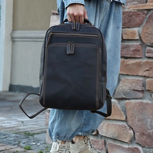 Mochila de cuero marrón a la moda para hombre, bolso para ordenador portátil, mochila de viaje Vintage, mochila grande para trabajo y negocios, mochila escolar de algodón - Product Image 2