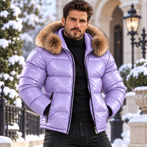 Men's Leather Puffer <b>Coat</b> with Fox Fur Hood Quilted Warm Winter Outdoor Jacket| Piumino Lucido Uomo | Chaqueta Brillante - Product Image 1