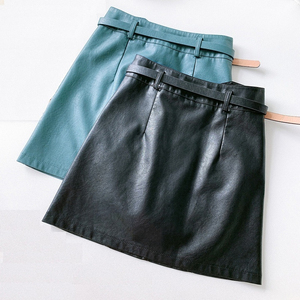 Women's High Waist Faux Leather A-Line Mini <b>Skirt</b> With Belt Solid Color Minimalist Style All Seasons Wear - Product Image 4