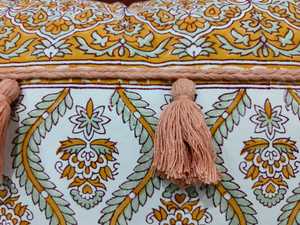 Handcrafted Block Print Floral Lumbar <b>Cushion</b> <b>Cover</b> with Tassels and Braided Trim - Product Image 2