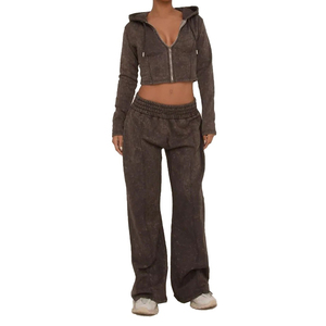 Women Winter Solid Casual 100% Cotton Acid Wash 2-Piece Tracksuit <b>Cropped</b> <b>Zip</b>-<b>Up</b> Hoodie and Wide-Leg Pants Lounge Set - Product Image 1