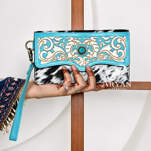 Nueva Cartera de Cuero de Vaca Hecha a Mano con Concho Turquesa y Grabado Floral Vintage, Bolso de Mano para Mujer - Product Image 1