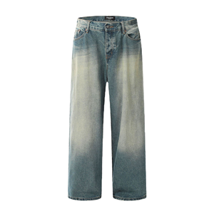 Pantalon en jean vintage délavé pour homme, style crayon, effet moustaches, tendance - Product Image 1